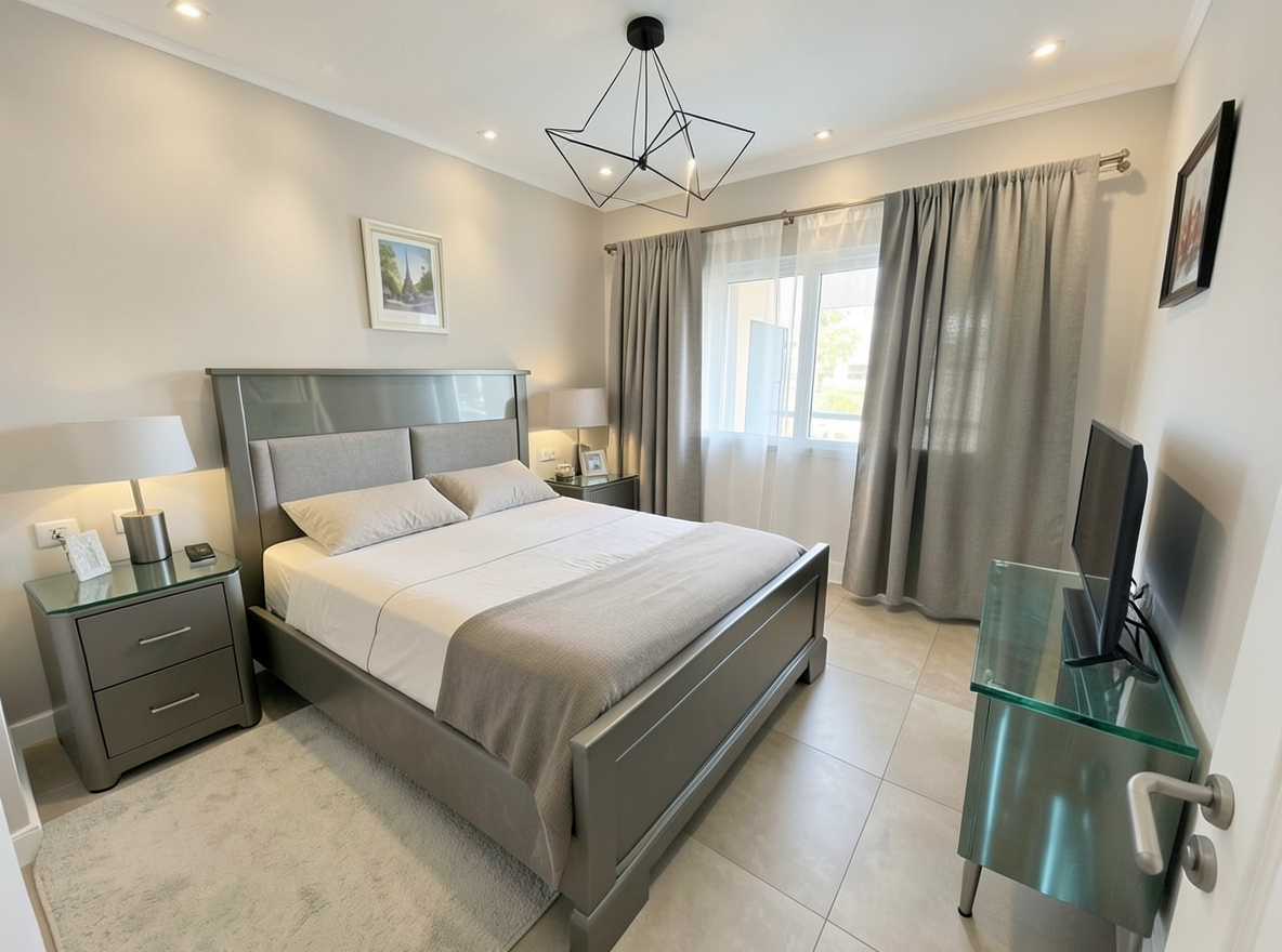 Main redesign studio: Redesign this room in a Modern interior style: clean lines, a neutral palette with bold accents, sleek low-profile furniture, glass and matte-metal su