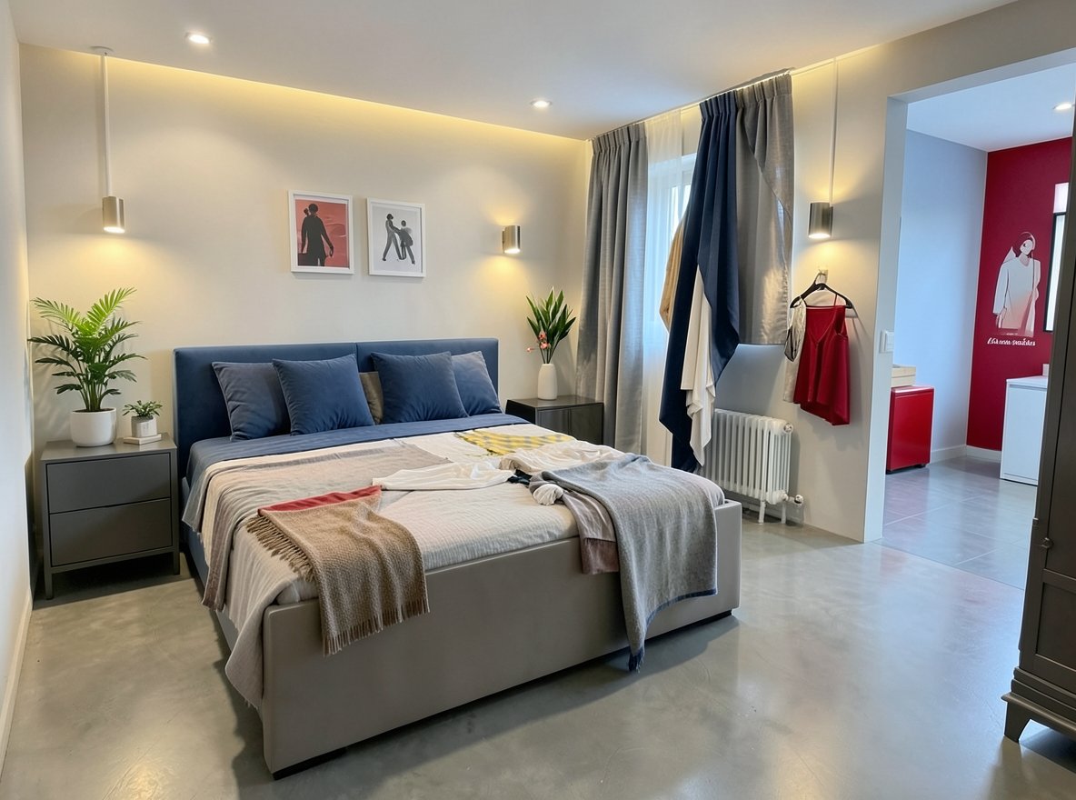 Main redesign studio: Redesign this room in a Modern interior style: clean lines, a neutral palette with bold accents, sleek low-profile furniture, glass and matte-metal su
