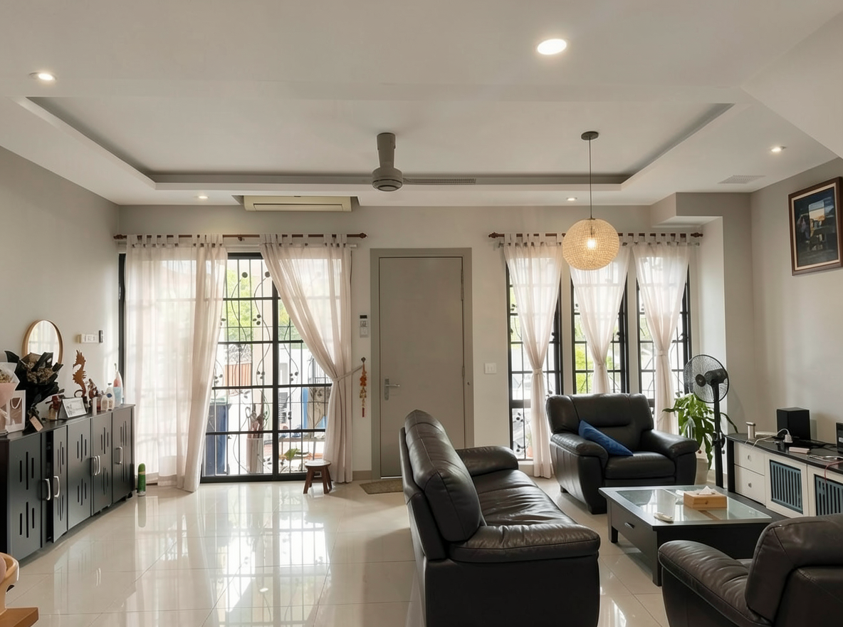 Main redesign studio: Redesign this room in a Modern interior style: clean lines, a neutral palette with bold accents, sleek low-profile furniture, glass and matte-metal su