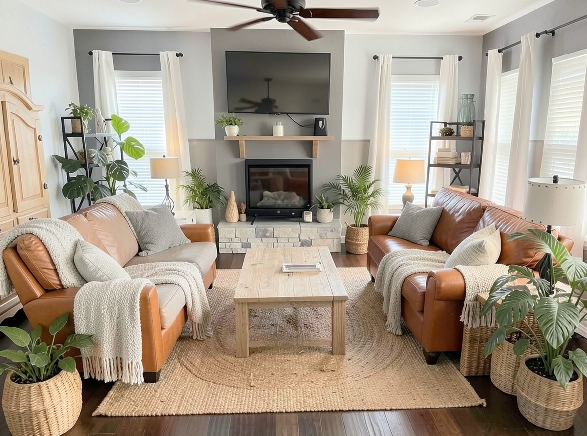 Main redesign studio: Redesign this room in a Scandinavian interior style: light oak wood, a white and soft-grey palette, wool and linen textiles, a woven jute rug, leafy p