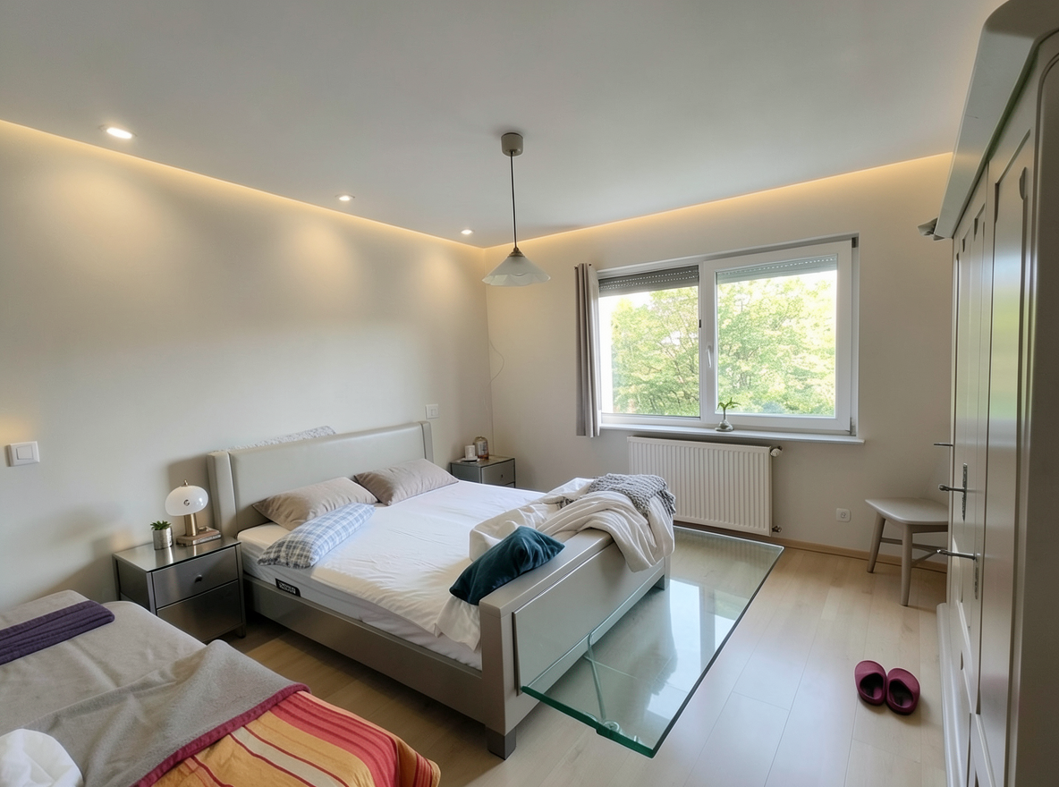 Main redesign studio: Redesign this room in a Modern interior style: clean lines, a neutral palette with bold accents, sleek low-profile furniture, glass and matte-metal su