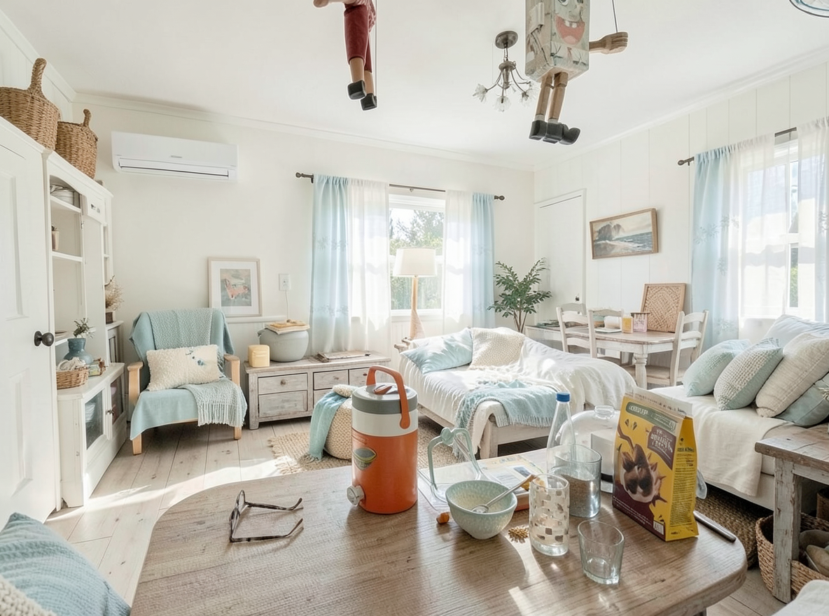 Main redesign studio: Redesign this room in a Coastal interior style: airy whites and soft-blue tones, weathered light wood, natural linen and woven textures, breezy sheer