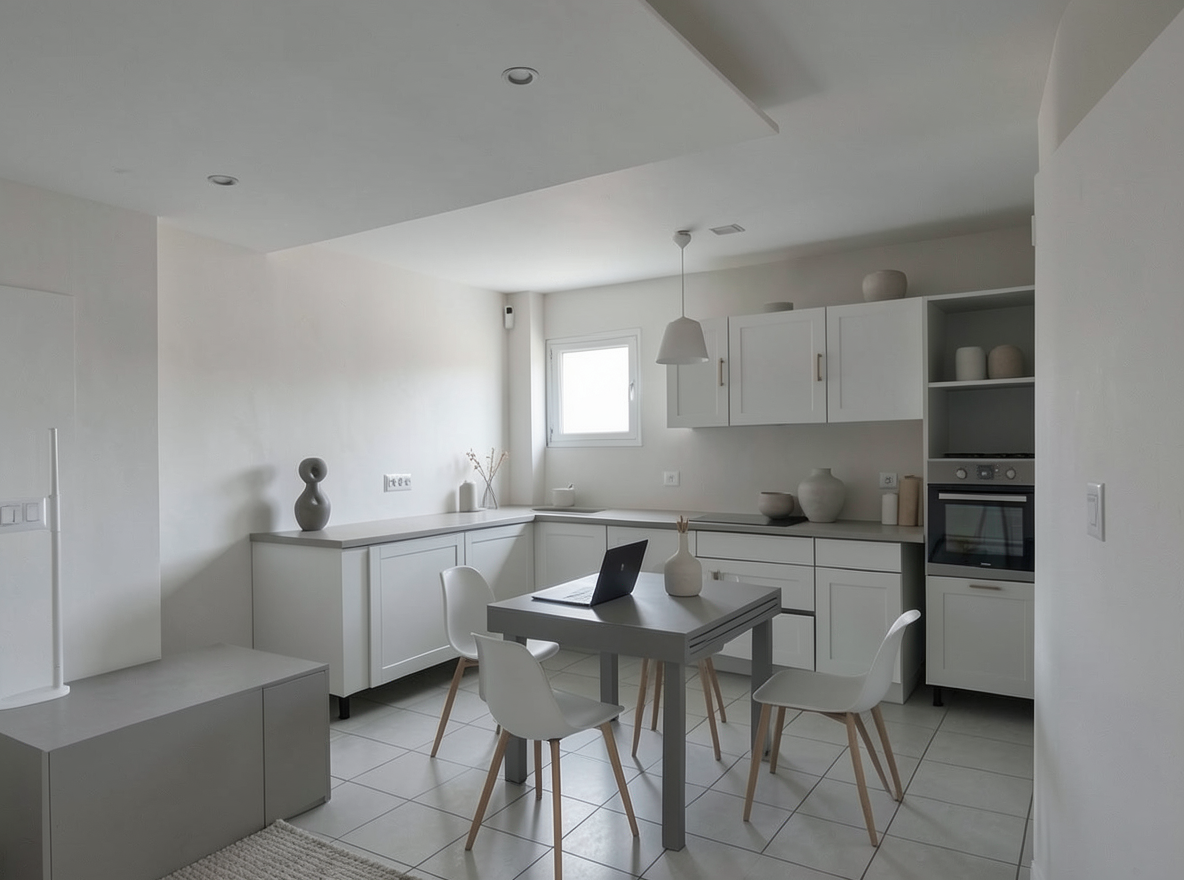 Main redesign studio: Redesign this room in a Minimalist interior style: an uncluttered space, a monochrome neutral palette, a few sculptural pieces, concealed storage, sof
