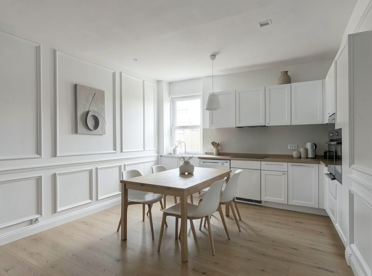 Main redesign studio: Redesign this room in a Minimalist interior style: an uncluttered space, a monochrome neutral palette, a few sculptural pieces, concealed storage, sof