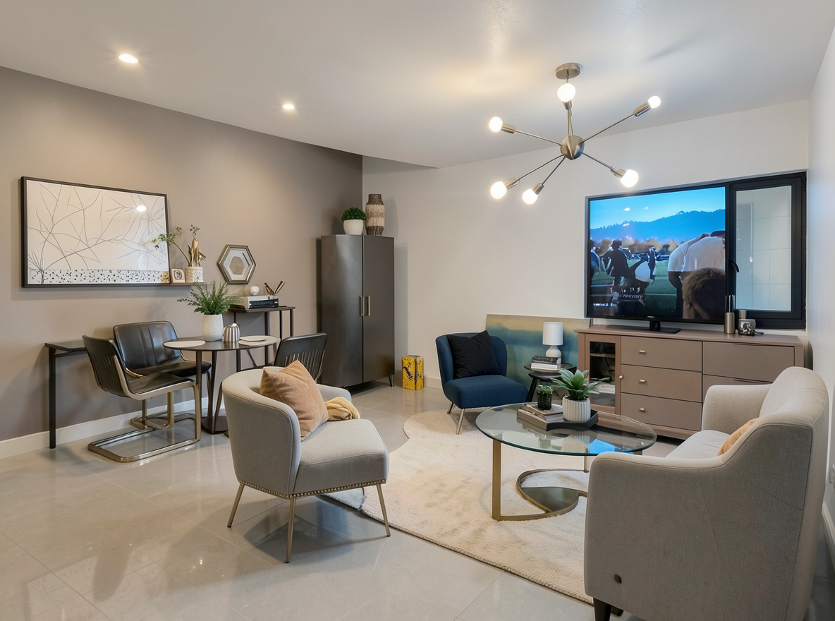 Main redesign studio: Redesign this room in a Modern interior style: clean lines, a neutral palette with bold accents, sleek low-profile furniture, glass and matte-metal su