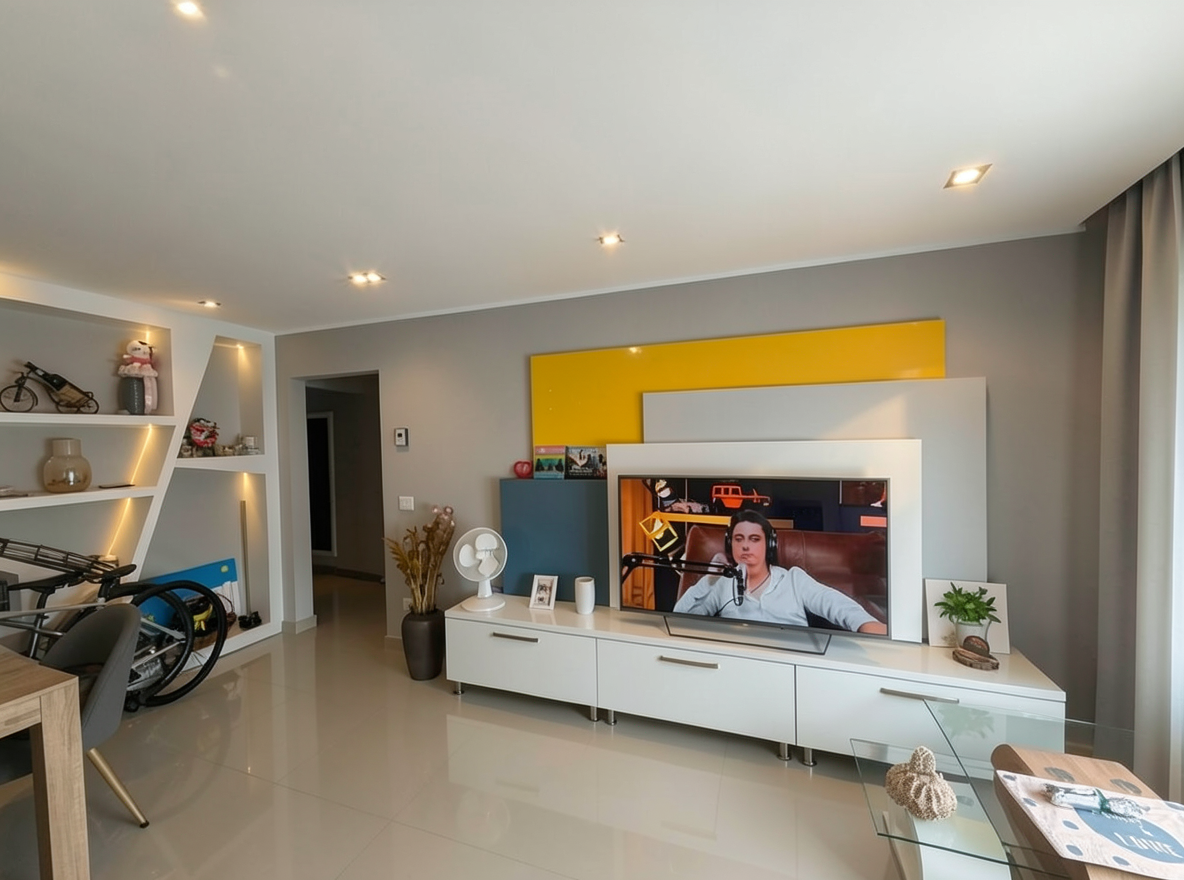 Main redesign studio: Redesign this room in a Modern interior style: clean lines, a neutral palette with bold accents, sleek low-profile furniture, glass and matte-metal su