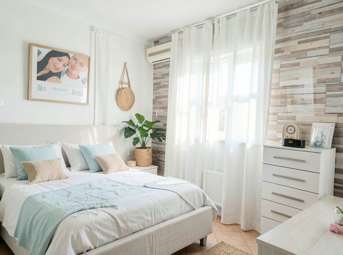 Main redesign studio: Redesign this room in a Coastal interior style: airy whites and soft-blue tones, weathered light wood, natural linen and woven textures, breezy sheer 