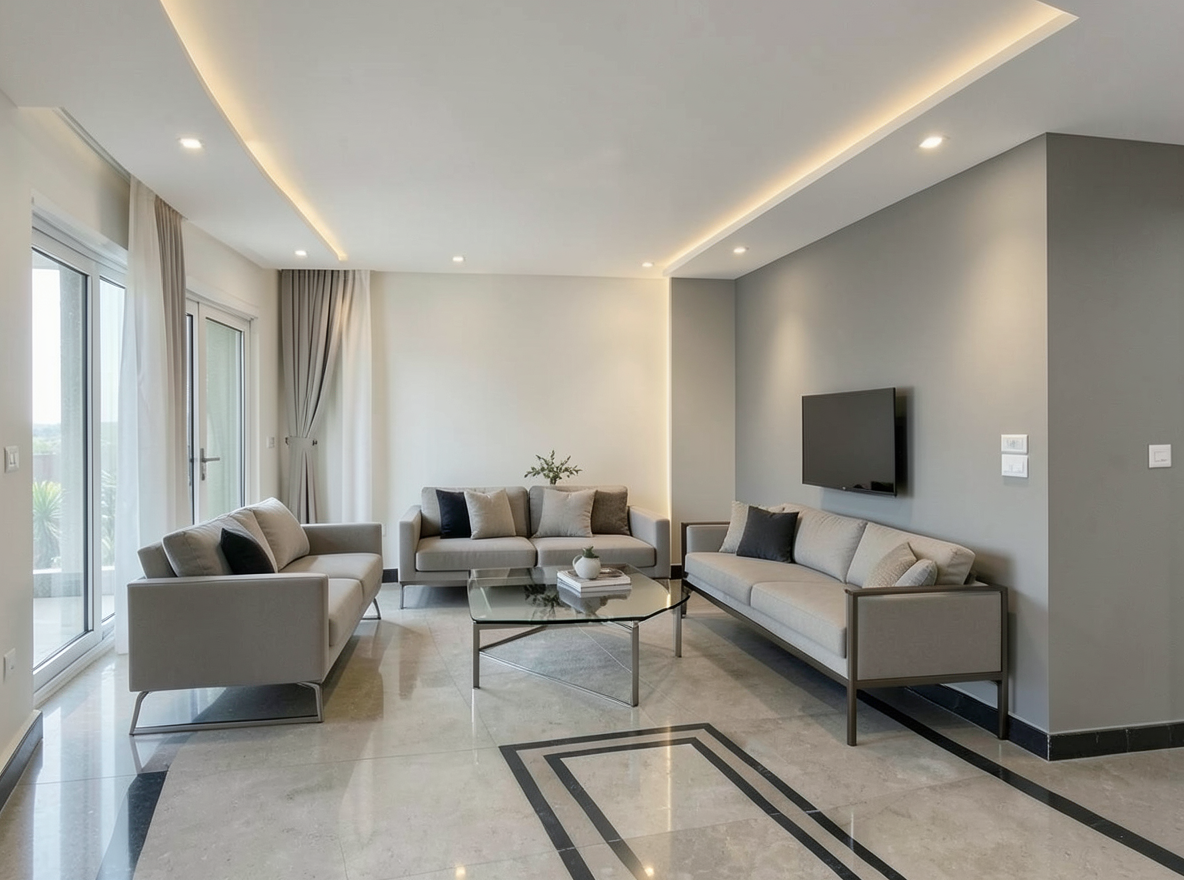 Main redesign studio: Redesign this room in a Modern interior style: clean lines, a neutral palette with bold accents, sleek low-profile furniture, glass and matte-metal su