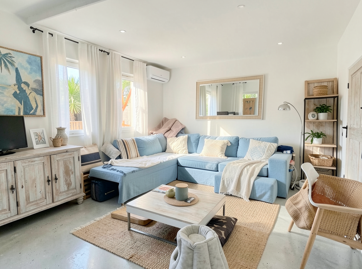 Main redesign studio: Redesign this room in a Coastal interior style: airy whites and soft-blue tones, weathered light wood, natural linen and woven textures, breezy sheer 