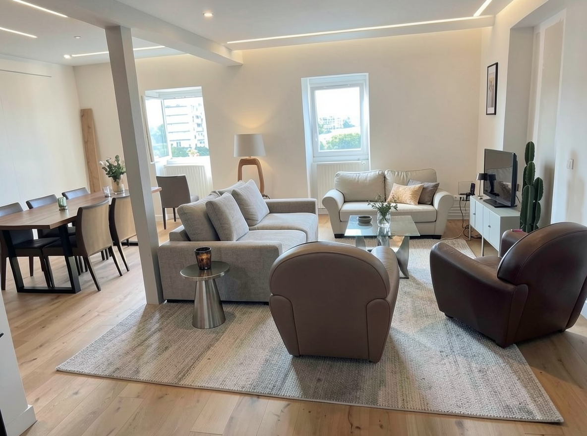 Main redesign studio: Redesign this room in a Modern interior style: clean lines, a neutral palette with bold accents, sleek low-profile furniture, glass and matte-metal su