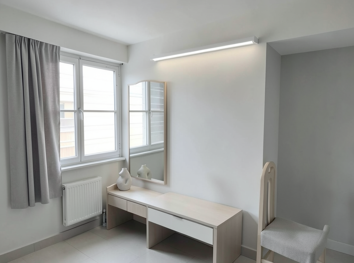 Main redesign studio: Redesign this room in a Minimalist interior style: an uncluttered space, a monochrome neutral palette, a few sculptural pieces, concealed storage, sof