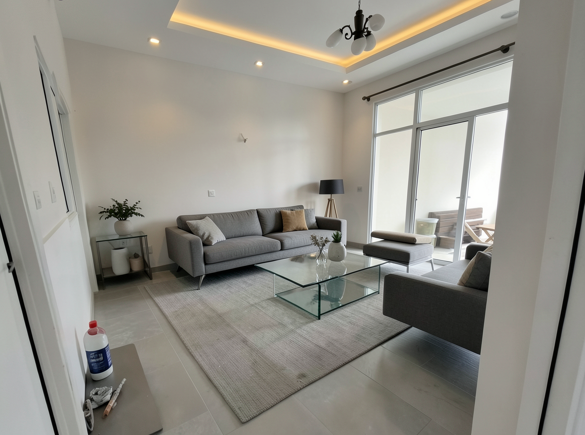Main redesign studio: Redesign this room in a Modern interior style: clean lines, a neutral palette with bold accents, sleek low-profile furniture, glass and matte-metal su