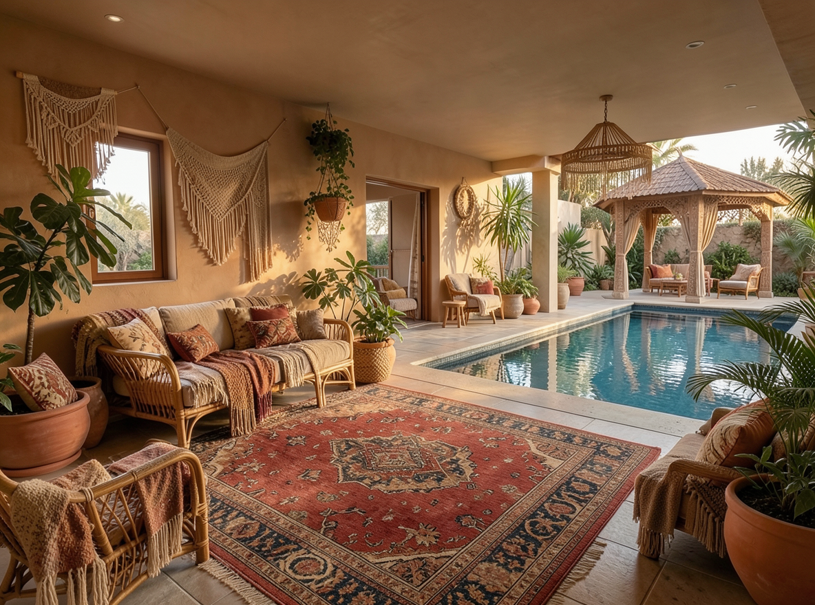 Main redesign studio: Redesign this room in a Boho interior style: layered patterned textiles, rattan and macramé, terracotta and warm earthy tones, abundant plants, vintag