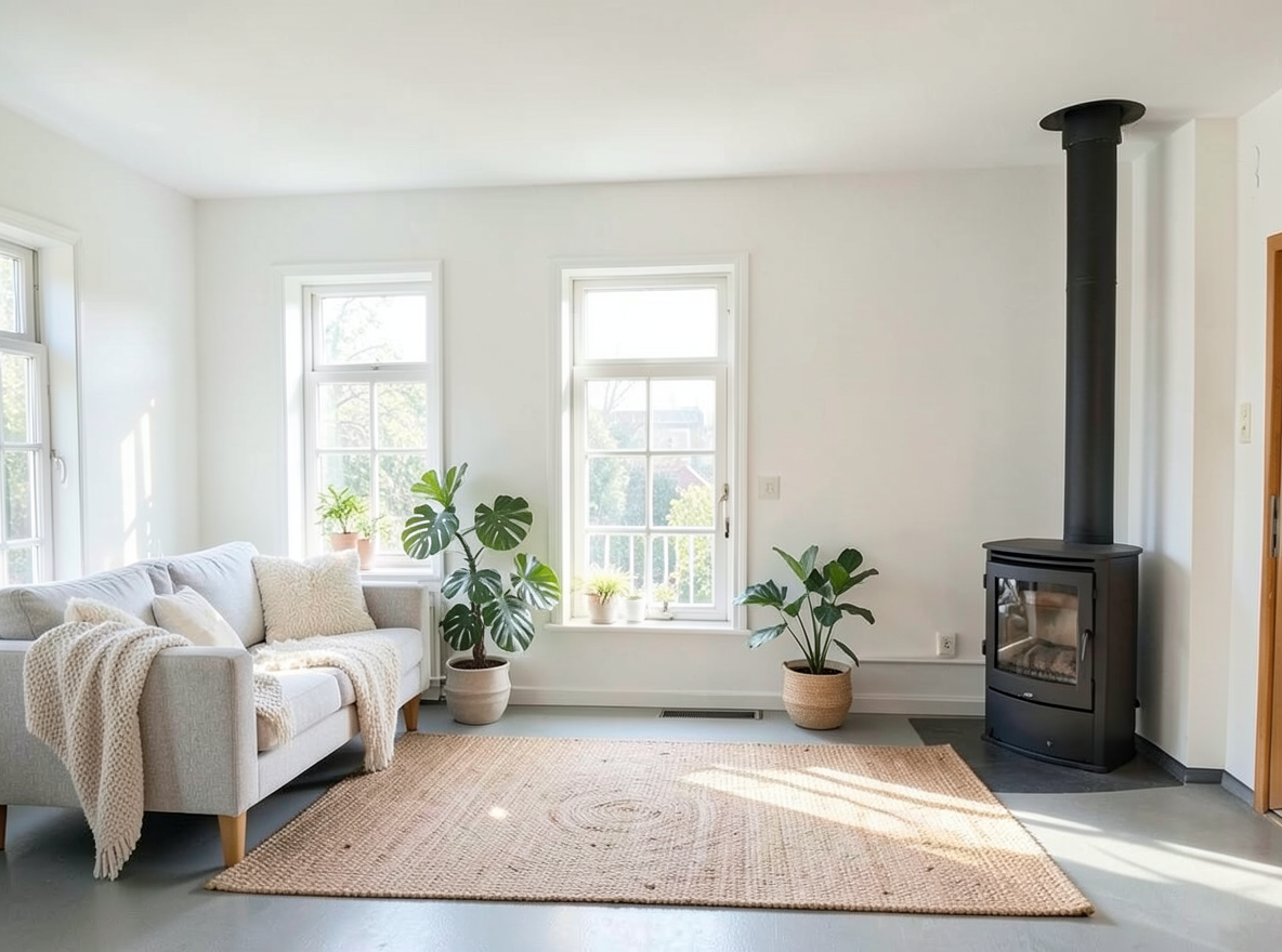 Main redesign studio: Redesign this room in a Scandinavian interior style: light oak wood, a white and soft-grey palette, wool and linen textiles, a woven jute rug, leafy p