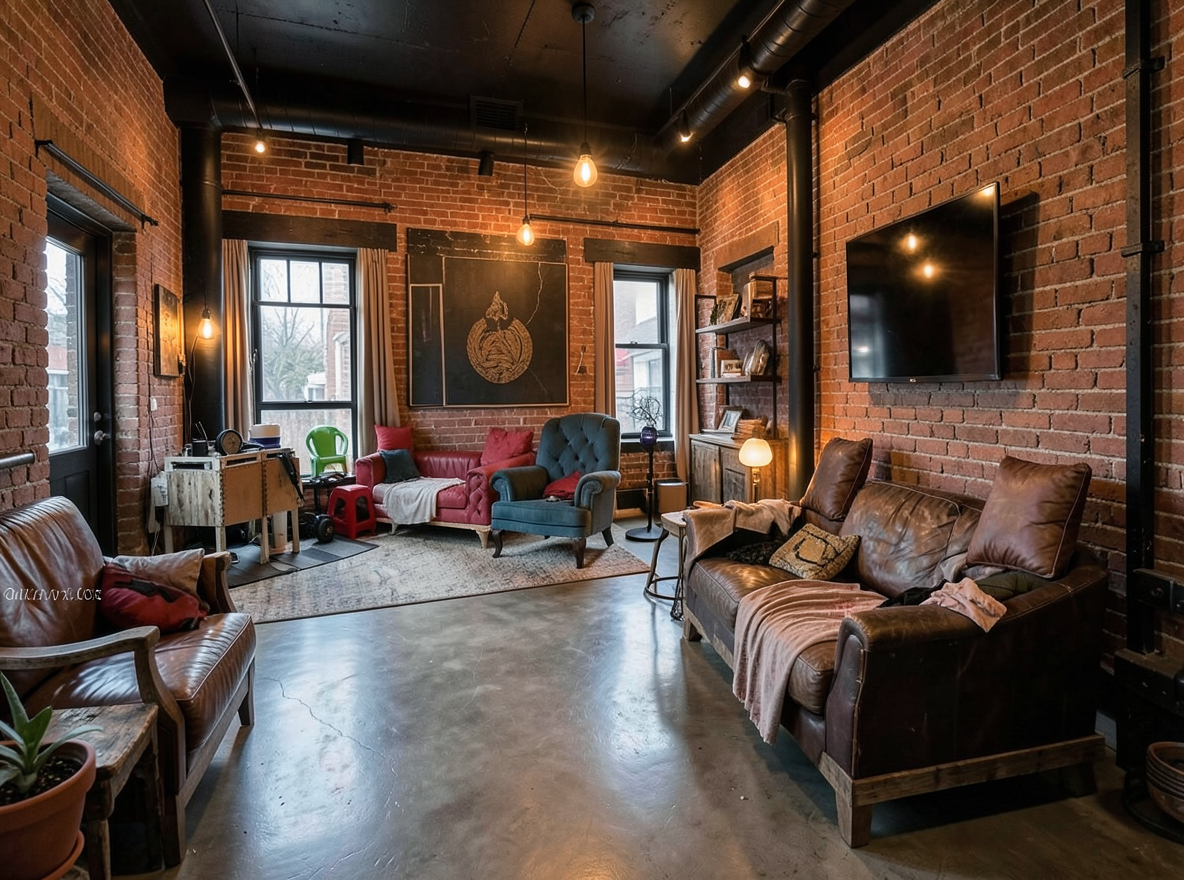 Main redesign studio: Redesign this room in a Industrial interior style: exposed-brick walls, black steel and reclaimed-wood furniture, polished concrete floor, leather acc