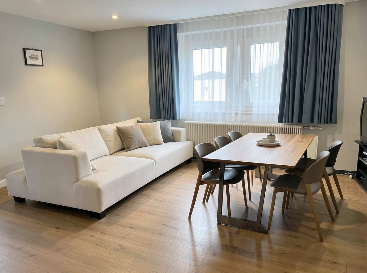 Main redesign studio: Redesign this room in a Modern interior style: clean lines, a neutral palette with bold accents, sleek low-profile furniture, glass and matte-metal su