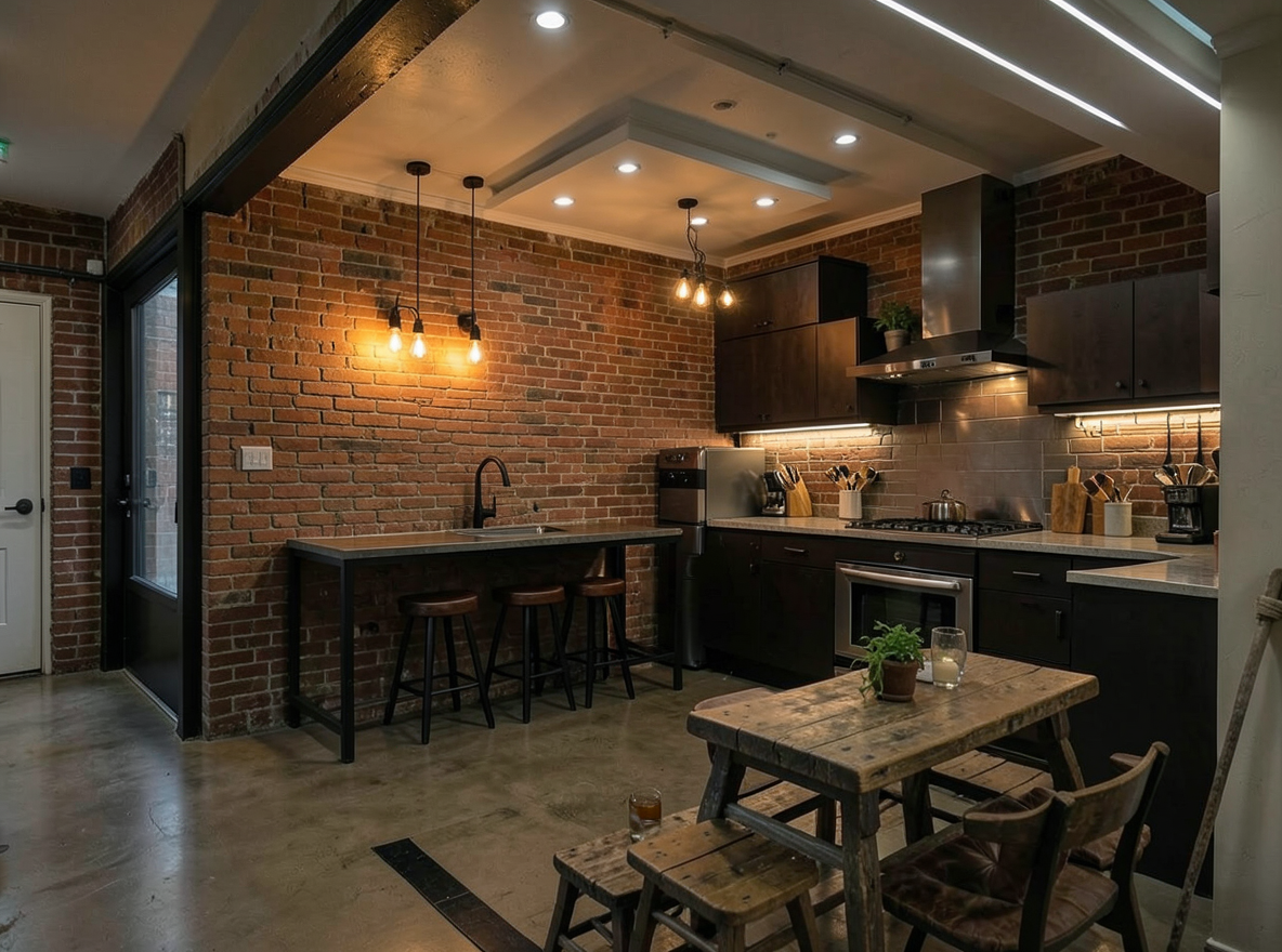 Main redesign studio: Redesign this room in a Industrial interior style: exposed-brick walls, black steel and reclaimed-wood furniture, polished concrete floor, leather acc