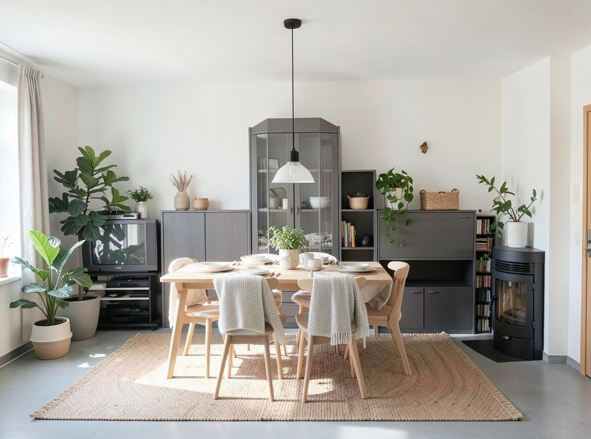Main redesign studio: Redesign this room in a Scandinavian interior style: light oak wood, a white and soft-grey palette, wool and linen textiles, a woven jute rug, leafy p
