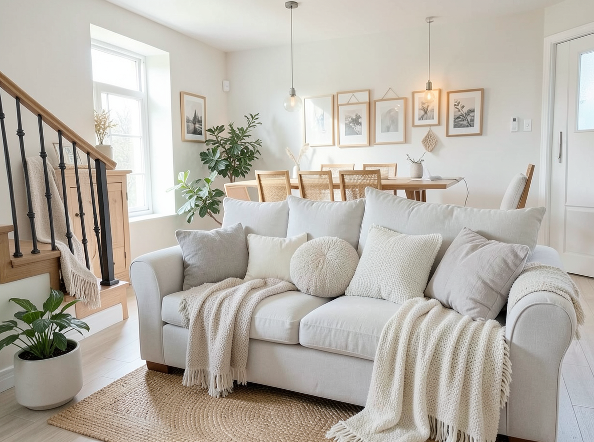 Main redesign studio: Redesign this room in a Scandinavian interior style: light oak wood, a white and soft-grey palette, wool and linen textiles, a woven jute rug, leafy p