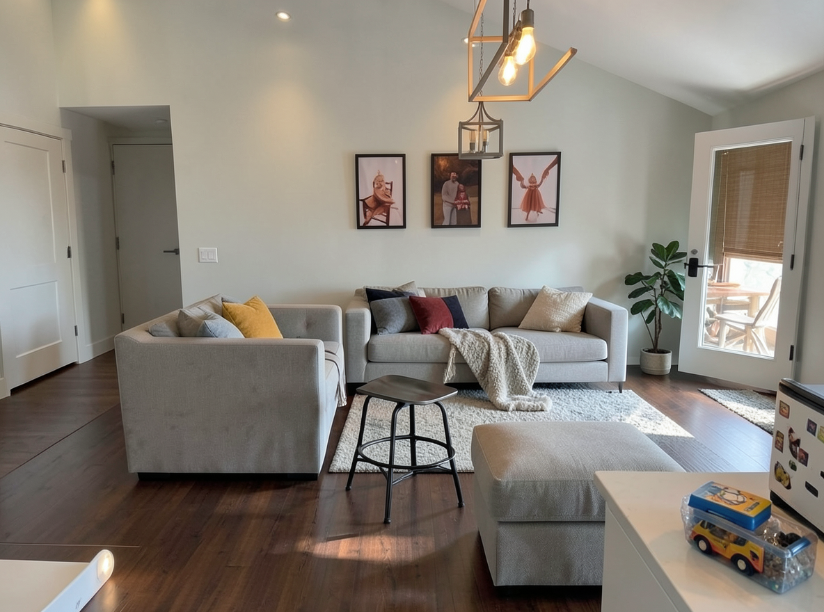 Main redesign studio: Redesign this room in a Modern interior style: clean lines, a neutral palette with bold accents, sleek low-profile furniture, glass and matte-metal su