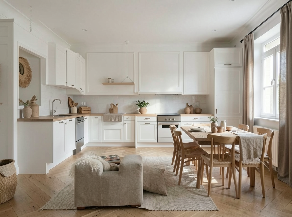 Main redesign studio: Redesign this room in a Japandi interior style: low natural-wood furniture, a muted earthy palette, handcrafted ceramics, linen textiles, soft diffuse
