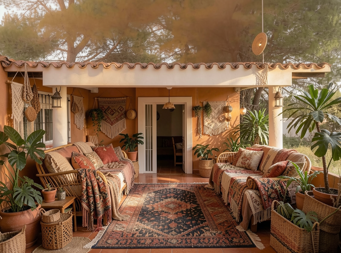 Main redesign studio: Redesign this room in a Boho interior style: layered patterned textiles, rattan and macramé, terracotta and warm earthy tones, abundant plants, vintag