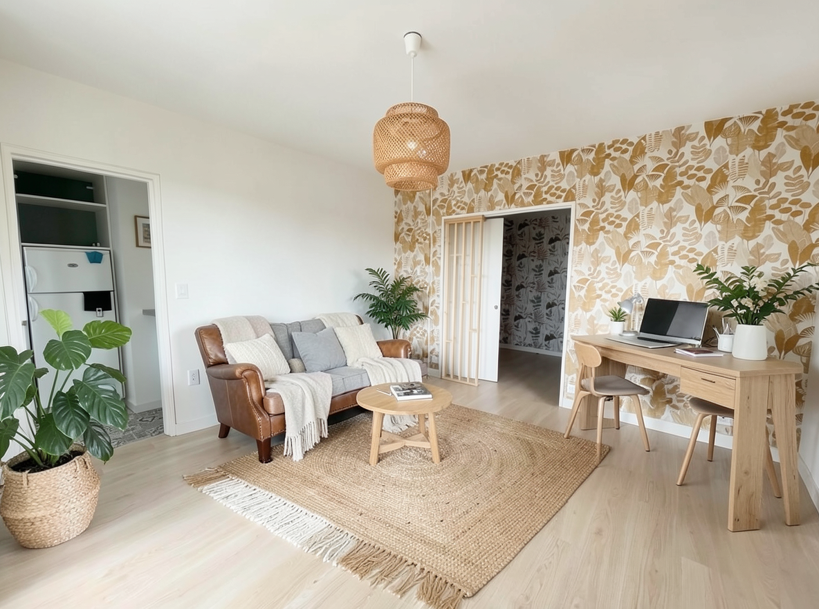 Main redesign studio: Redesign this room in a Scandinavian interior style: light oak wood, a white and soft-grey palette, wool and linen textiles, a woven jute rug, leafy p