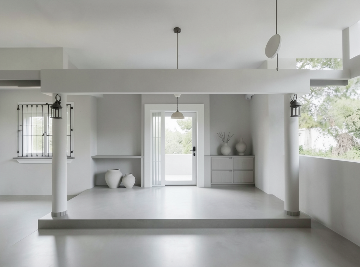 Main redesign studio: Redesign this room in a Minimalist interior style: an uncluttered space, a monochrome neutral palette, a few sculptural pieces, concealed storage, sof