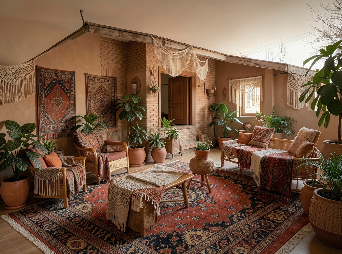 Main redesign studio: Redesign this room in a Boho interior style: layered patterned textiles, rattan and macramé, terracotta and warm earthy tones, abundant plants, vintag