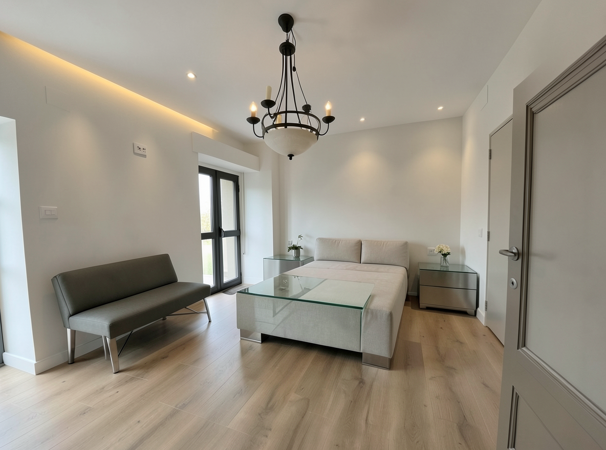 Main redesign studio: Redesign this room in a Modern interior style: clean lines, a neutral palette with bold accents, sleek low-profile furniture, glass and matte-metal su