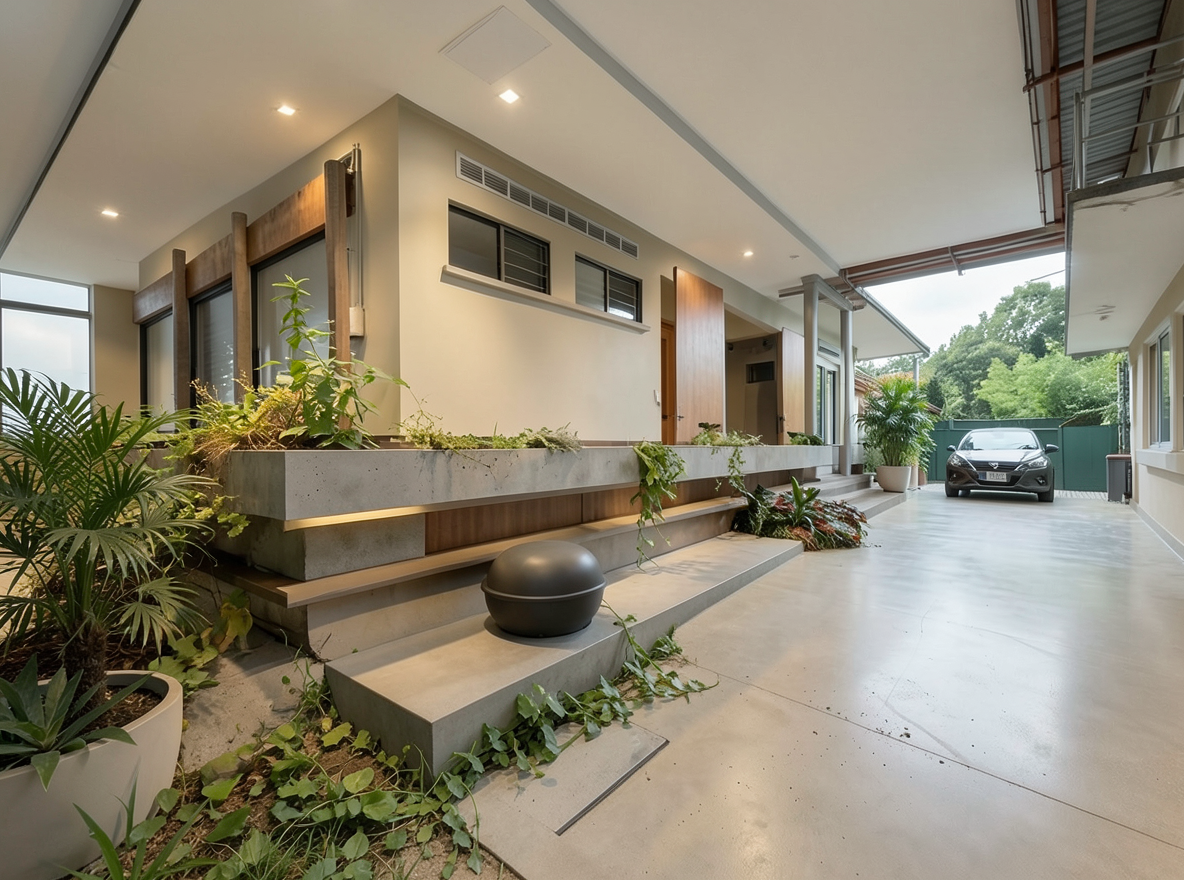 Main redesign studio: Redesign this room in a Modern interior style: clean lines, a neutral palette with bold accents, sleek low-profile furniture, glass and matte-metal su