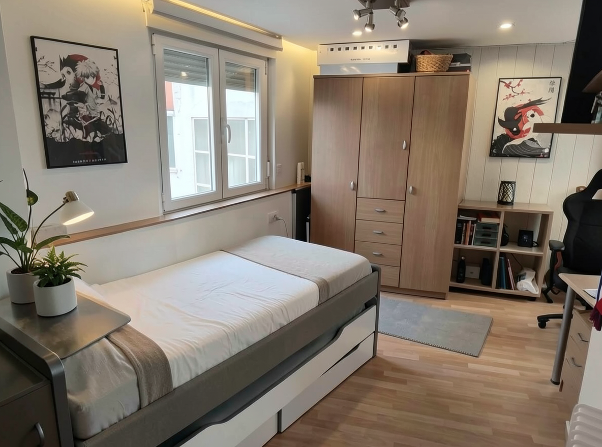 Main redesign studio: Redesign this room in a Modern interior style: clean lines, a neutral palette with bold accents, sleek low-profile furniture, glass and matte-metal su