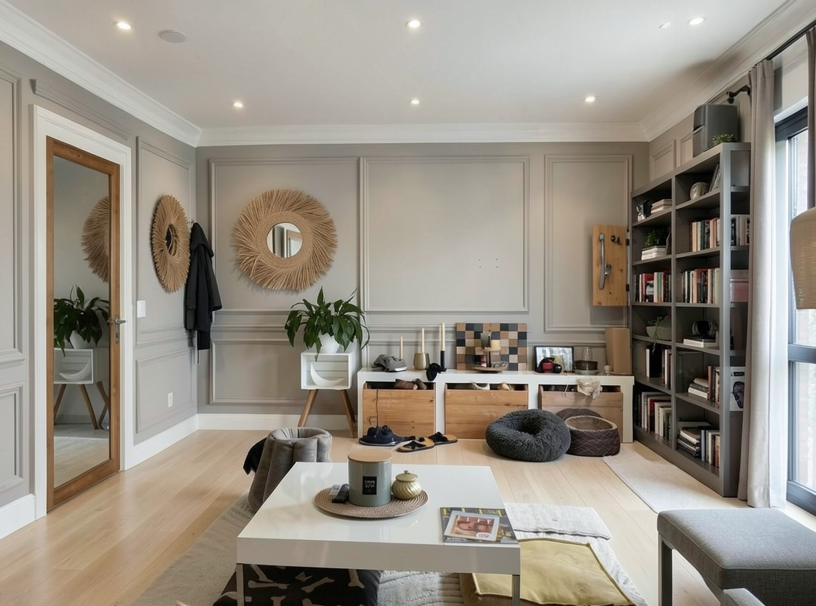 Main redesign studio: Redesign this room in a Modern interior style: clean lines, a neutral palette with bold accents, sleek low-profile furniture, glass and matte-metal su