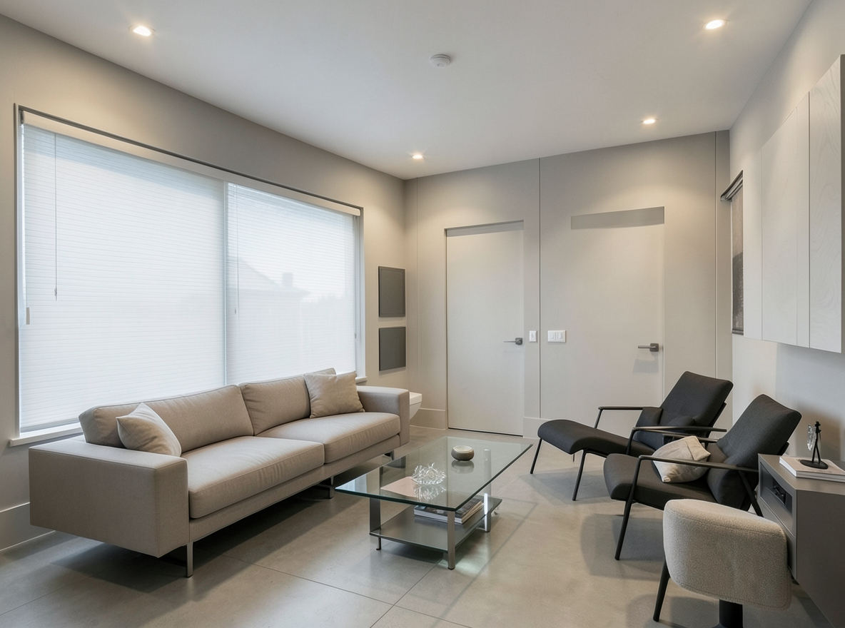 Main redesign studio: Redesign this room in a Modern interior style: clean lines, a neutral palette with bold accents, sleek low-profile furniture, glass and matte-metal su