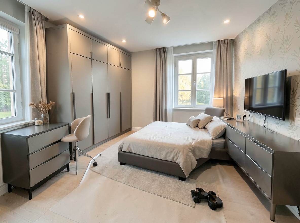 Main redesign studio: Redesign this room in a Modern interior style: clean lines, a neutral palette with bold accents, sleek low-profile furniture, glass and matte-metal su