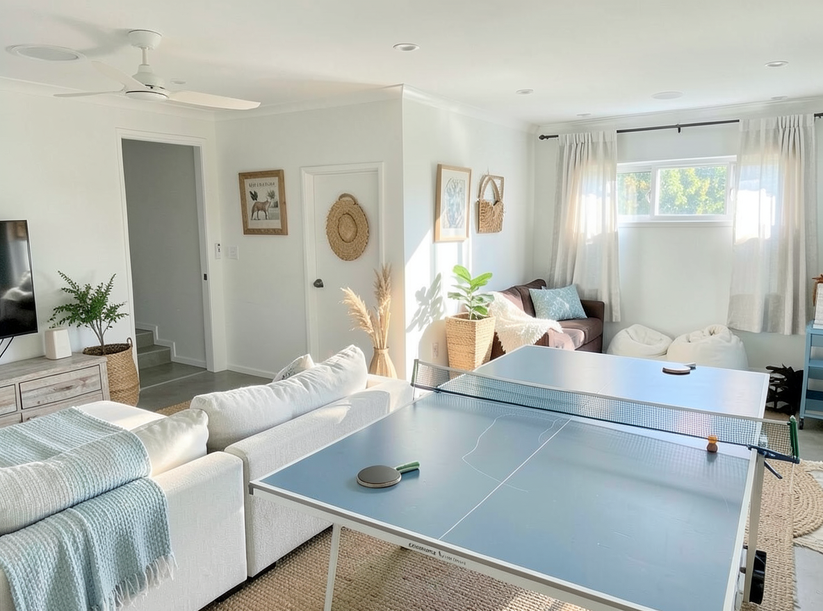 Main redesign studio: Redesign this room in a Coastal interior style: airy whites and soft-blue tones, weathered light wood, natural linen and woven textures, breezy sheer 
