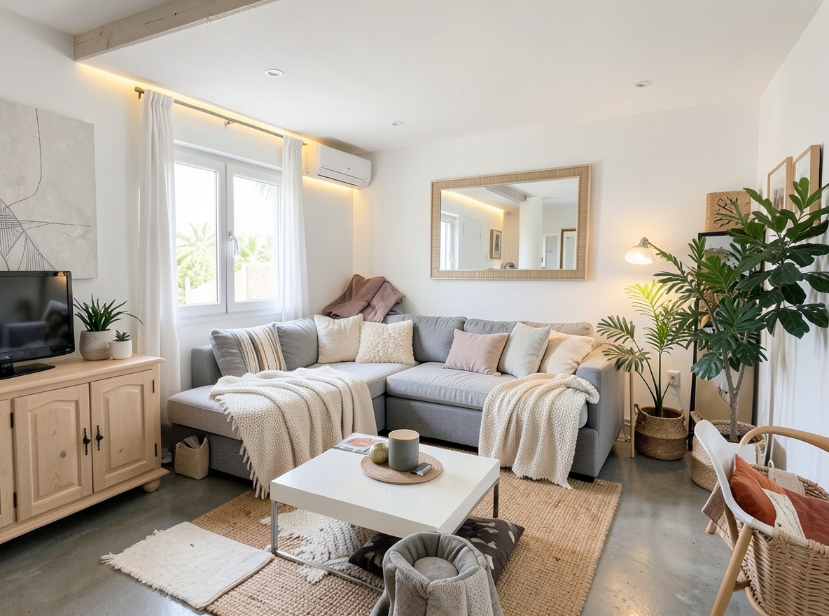 Main redesign studio: Redesign this room in a Scandinavian interior style: light oak wood, a white and soft-grey palette, wool and linen textiles, a woven jute rug, leafy p