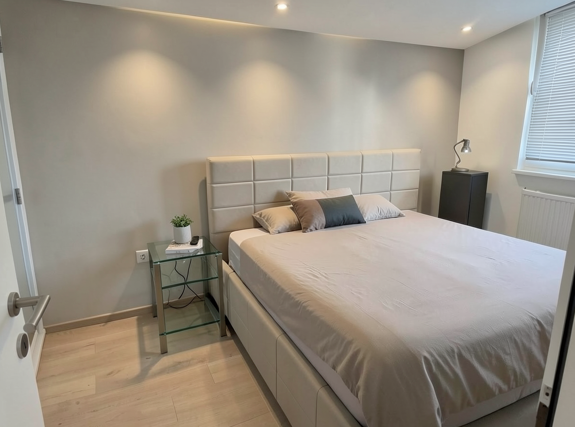 Main redesign studio: Redesign this room in a Modern interior style: clean lines, a neutral palette with bold accents, sleek low-profile furniture, glass and matte-metal su