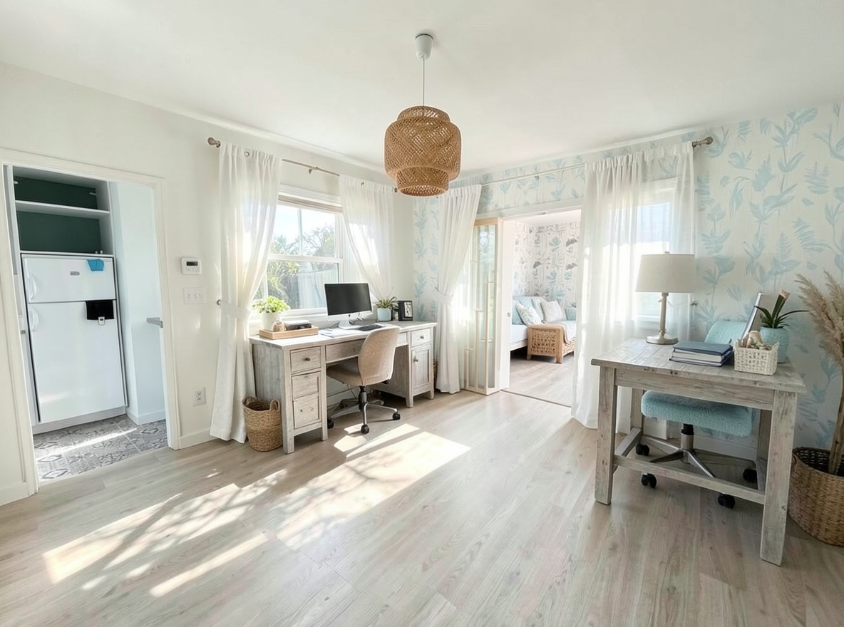 Main redesign studio: Redesign this room in a Coastal interior style: airy whites and soft-blue tones, weathered light wood, natural linen and woven textures, breezy sheer