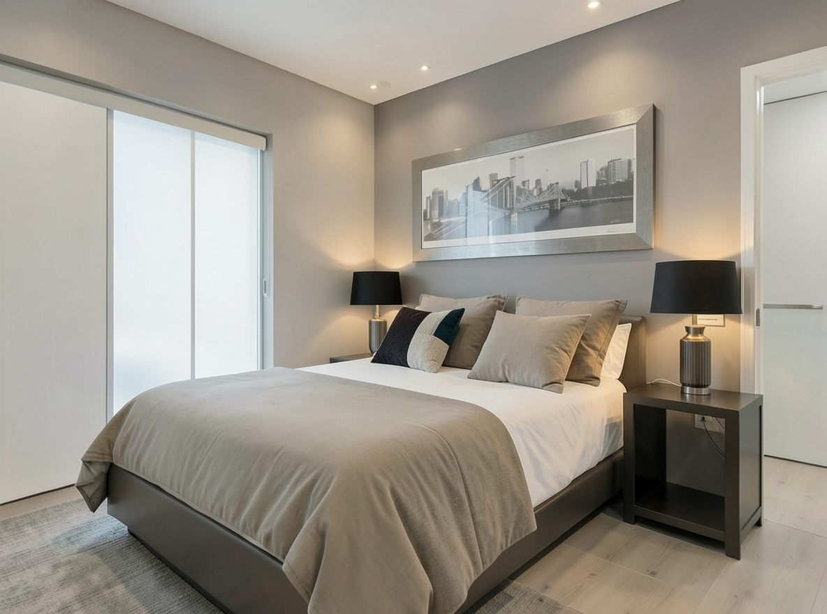 Main redesign studio: Redesign this room in a Modern interior style: clean lines, a neutral palette with bold accents, sleek low-profile furniture, glass and matte-metal su