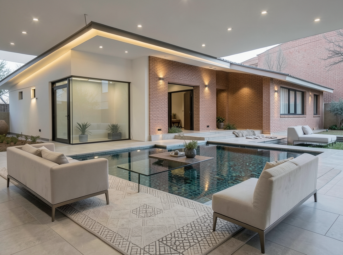 Main redesign studio: Redesign this room in a Modern interior style: clean lines, a neutral palette with bold accents, sleek low-profile furniture, glass and matte-metal su