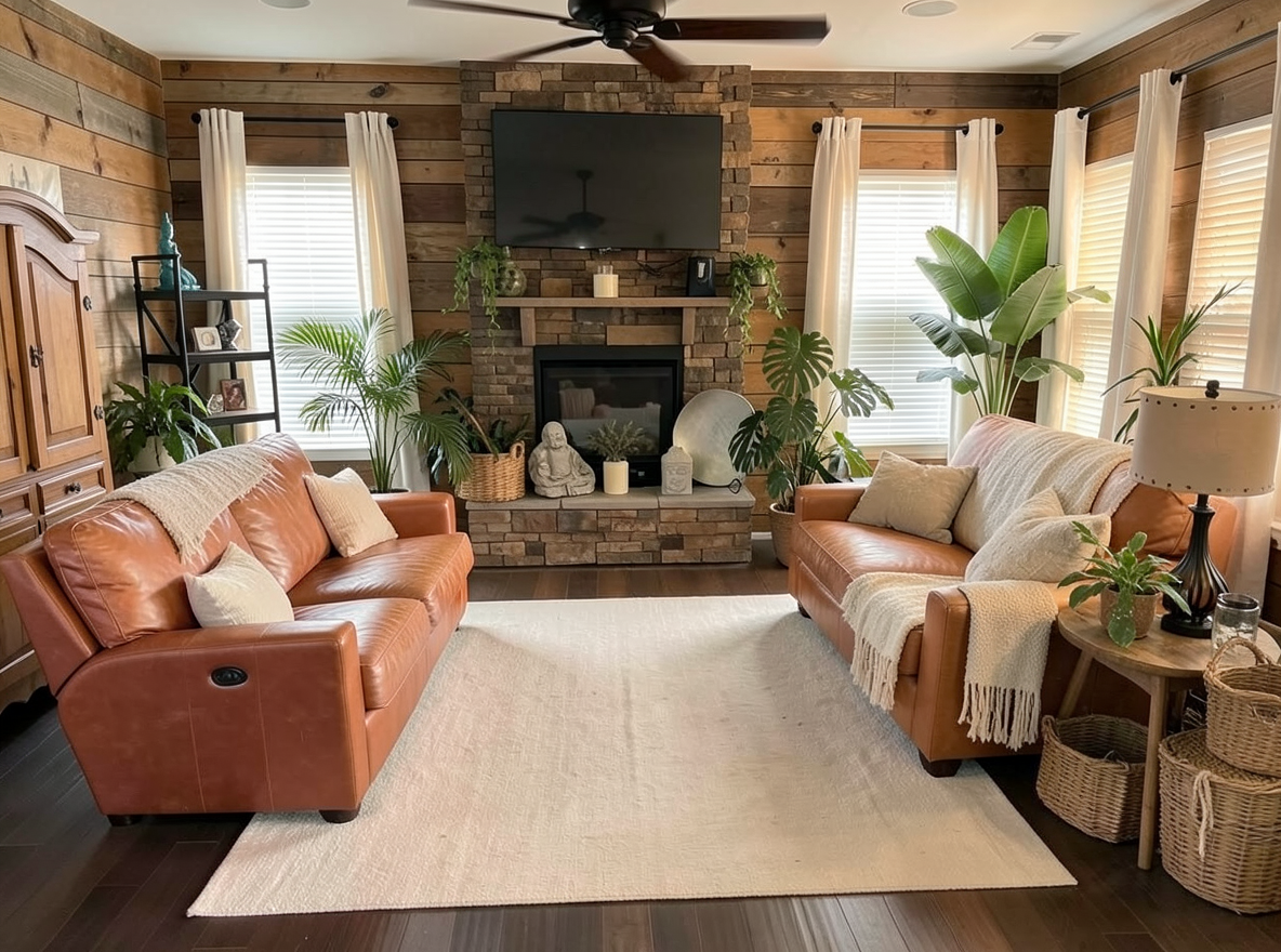 Main redesign studio: Redesign this room in a Farmhouse interior style: shiplap walls, warm reclaimed wood, matte-black fixtures, cozy neutral textiles, vintage accents, so