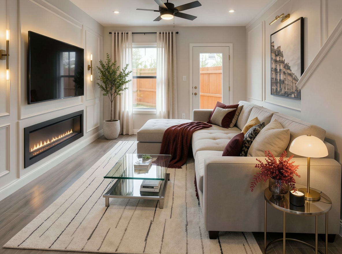 Main redesign studio: Redesign this room in a Modern interior style: clean lines, a neutral palette with bold accents, sleek low-profile furniture, glass and matte-metal su