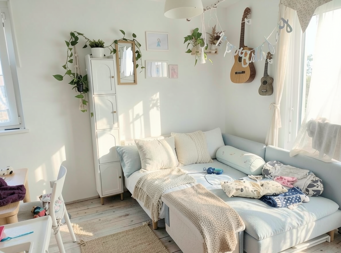 Main redesign studio: Redesign this room in a Coastal interior style: airy whites and soft-blue tones, weathered light wood, natural linen and woven textures, breezy sheer