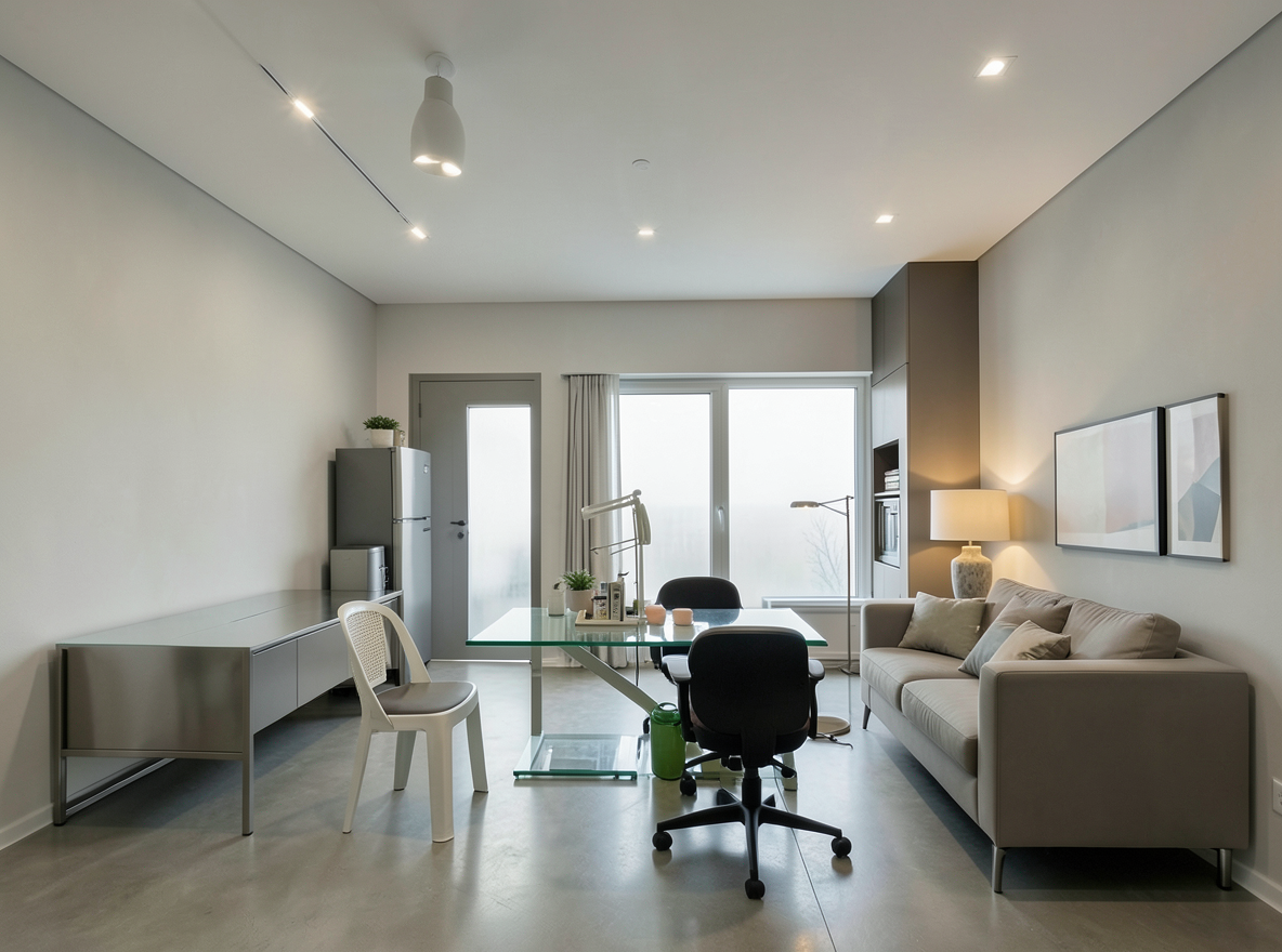 Main redesign studio: Redesign this room in a Modern interior style: clean lines, a neutral palette with bold accents, sleek low-profile furniture, glass and matte-metal su