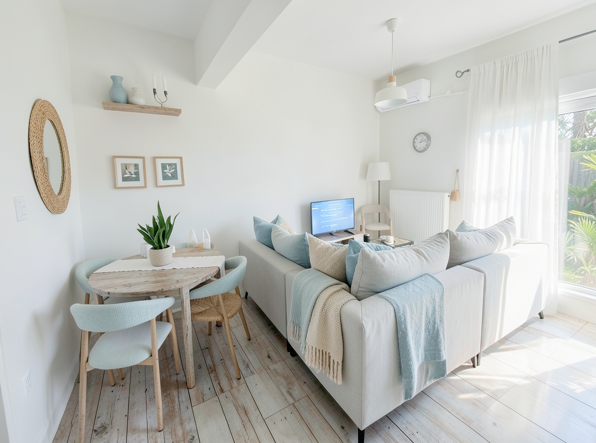 Main redesign studio: Redesign this room in a Coastal interior style: airy whites and soft-blue tones, weathered light wood, natural linen and woven textures, breezy sheer