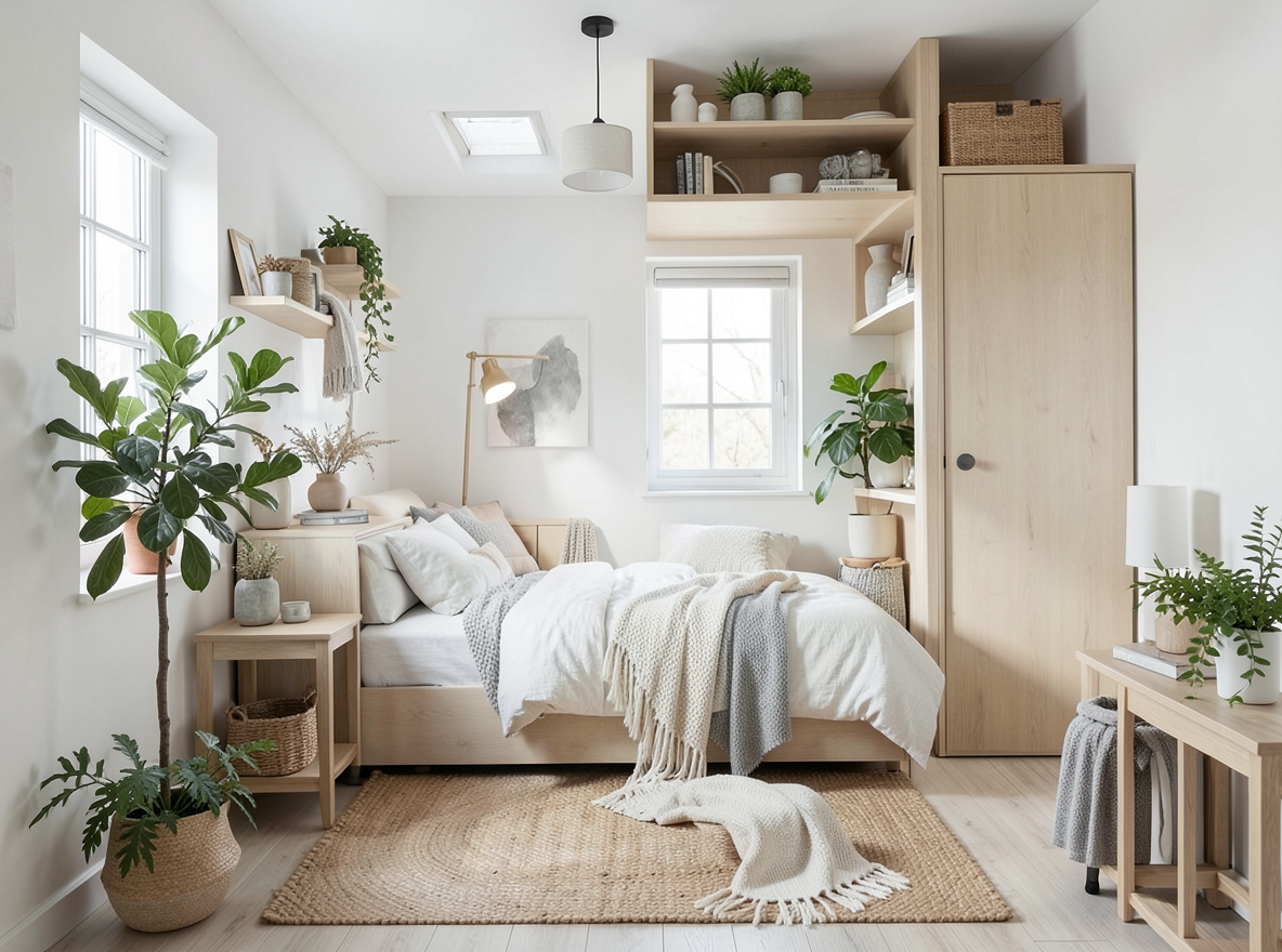 Main redesign studio: Redesign this room in a Scandinavian interior style: light oak wood, a white and soft-grey palette, wool and linen textiles, a woven jute rug, leafy p