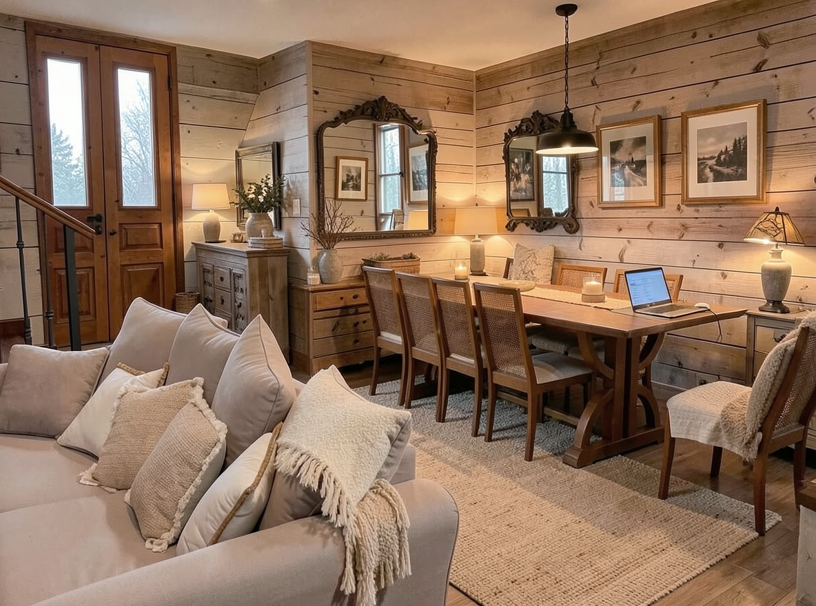 Main redesign studio: Redesign this room in a Farmhouse interior style: shiplap walls, warm reclaimed wood, matte-black fixtures, cozy neutral textiles, vintage accents, so