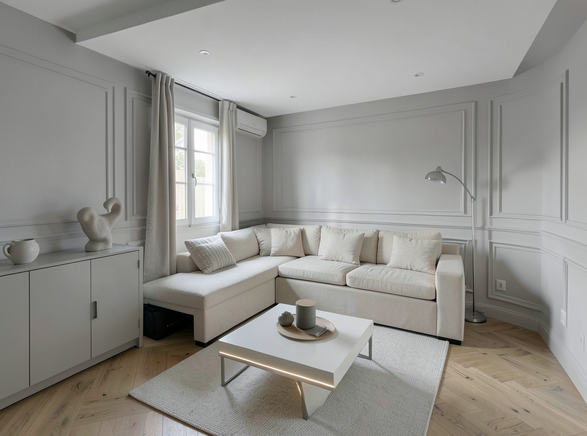 Main redesign studio: Redesign this room in a Minimalist interior style: an uncluttered space, a monochrome neutral palette, a few sculptural pieces, concealed storage, sof