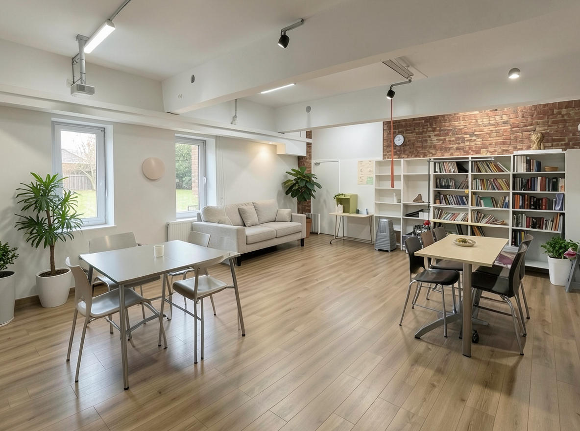 Main redesign studio: Redesign this room in a Modern interior style: clean lines, a neutral palette with bold accents, sleek low-profile furniture, glass and matte-metal su